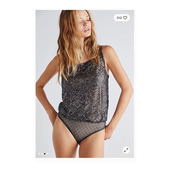 Free People Metallic Shimmer & Shine Bodysuit Night Sz XS NWT Black Silver - Picture 12 of 13